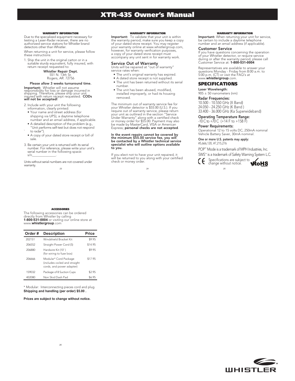 Xtr-435 owner’s manual, Specifications | Whistler XTR-435 User Manual | Page 5 / 5