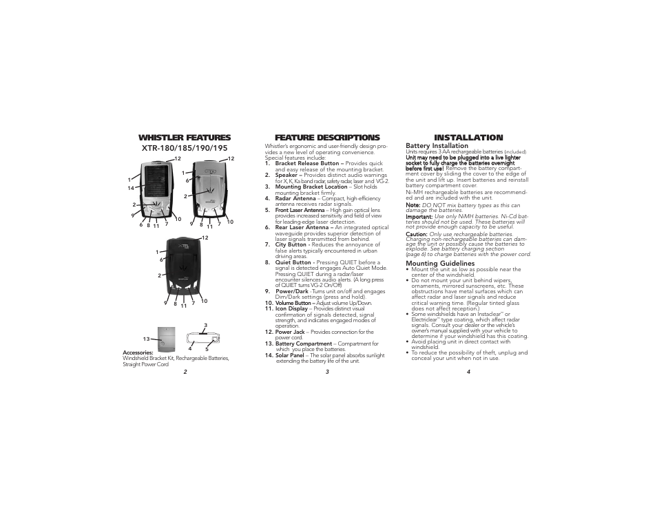 Whistler features feature descriptions, Installation | Whistler XTR-190 User Manual | Page 2 / 9