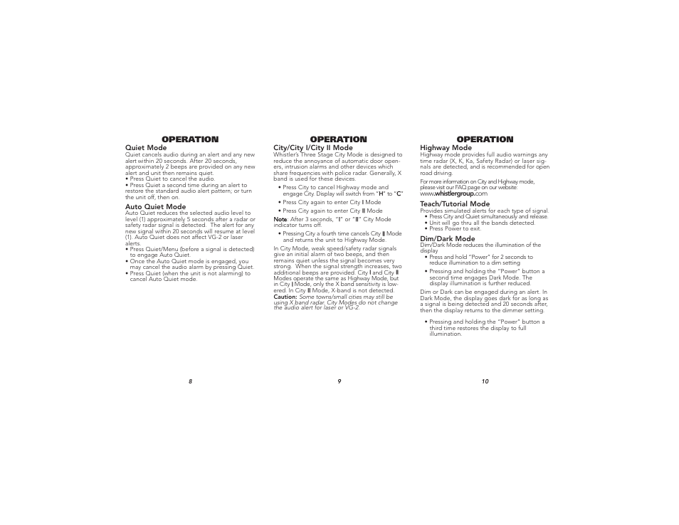 Operation | Whistler XTR-190 User Manual | Page 4 / 9