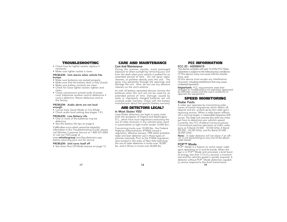 Troubleshooting, Are detectors legal, Care and maintenance | Speed monitoring, Fcc information | Whistler XTR-190 User Manual | Page 7 / 9