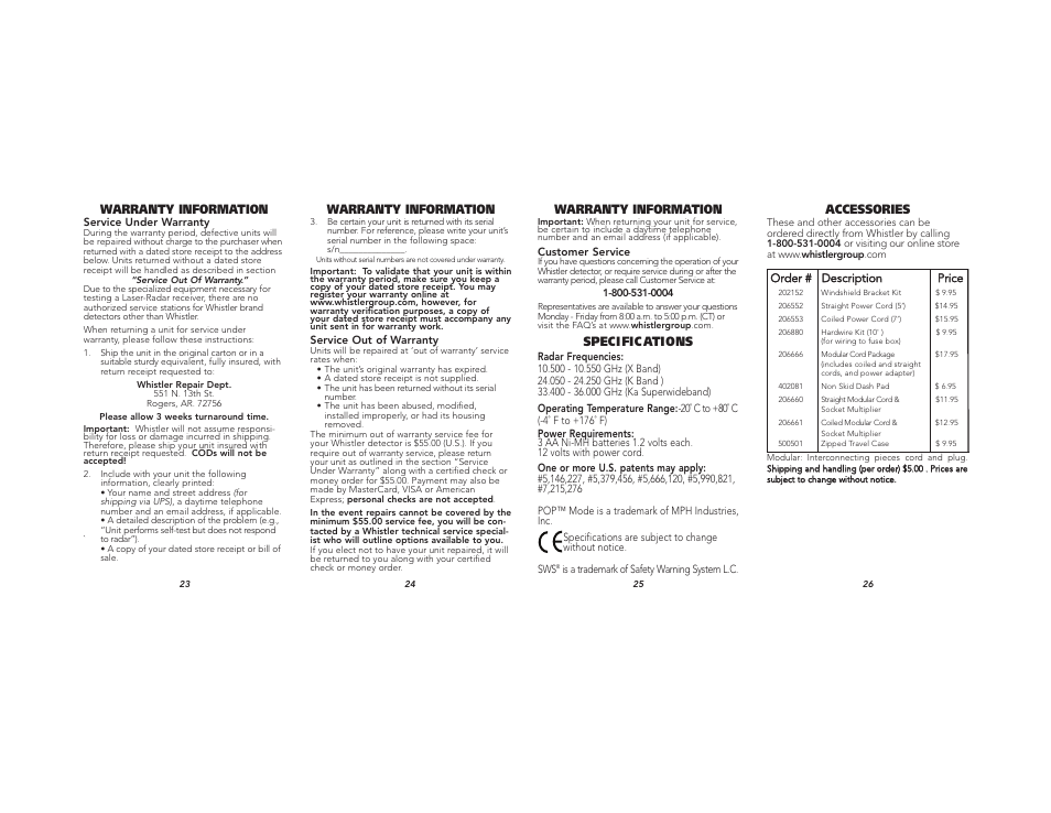 Warranty information, Speci fic ations, Accessories | Whistler XTR-190 User Manual | Page 9 / 9