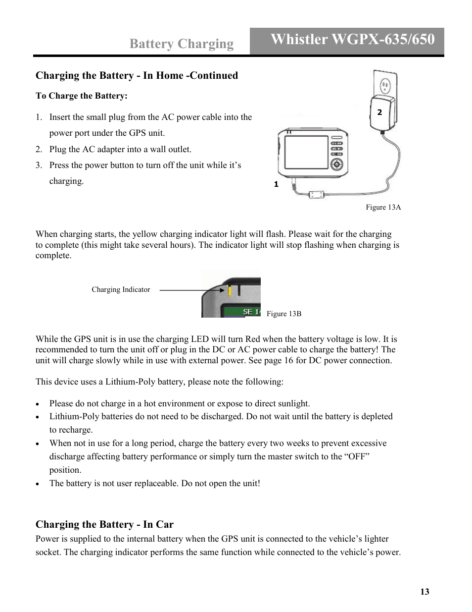 Battery charging | Whistler WGPX-635 User Manual | Page 13 / 27