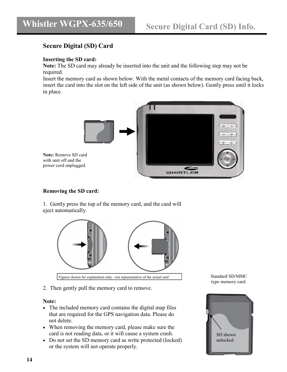 Secure digital card (sd) info | Whistler WGPX-635 User Manual | Page 14 / 27