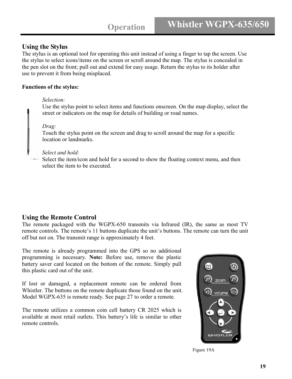 Operation | Whistler WGPX-635 User Manual | Page 19 / 27