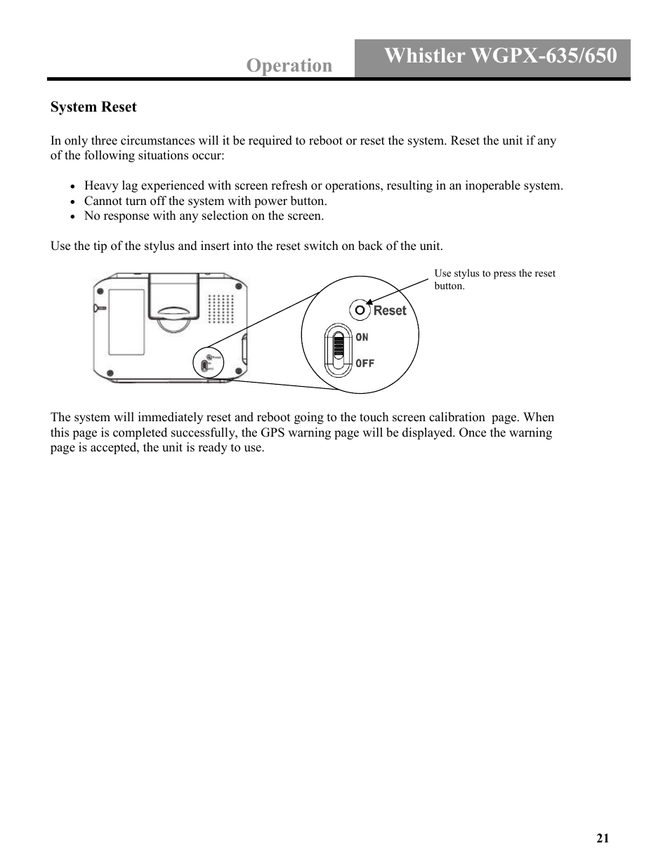 Operation | Whistler WGPX-635 User Manual | Page 21 / 27