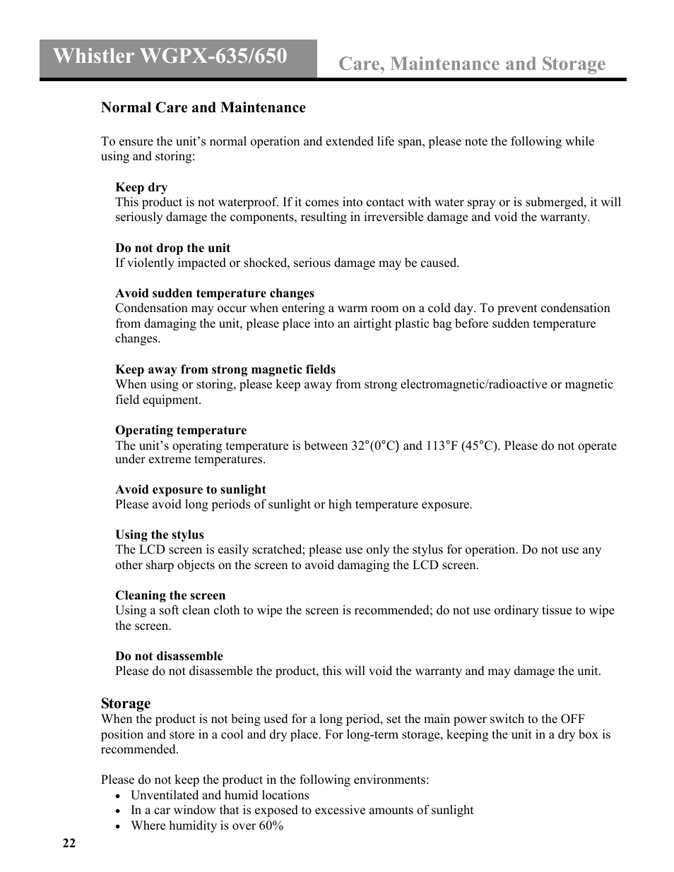 Care, maintenance and storage | Whistler WGPX-635 User Manual | Page 22 / 27