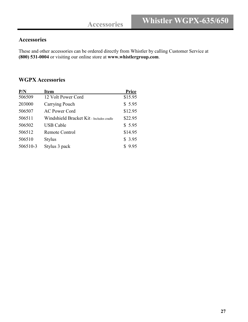 Accessories | Whistler WGPX-635 User Manual | Page 27 / 27