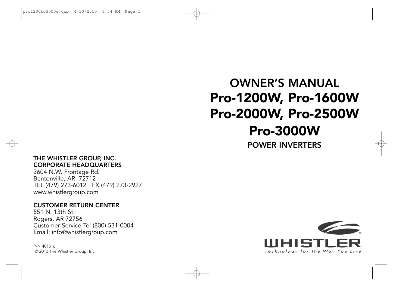 Whistler POWER INVERTERS PRO-1200W User Manual | 17 pages