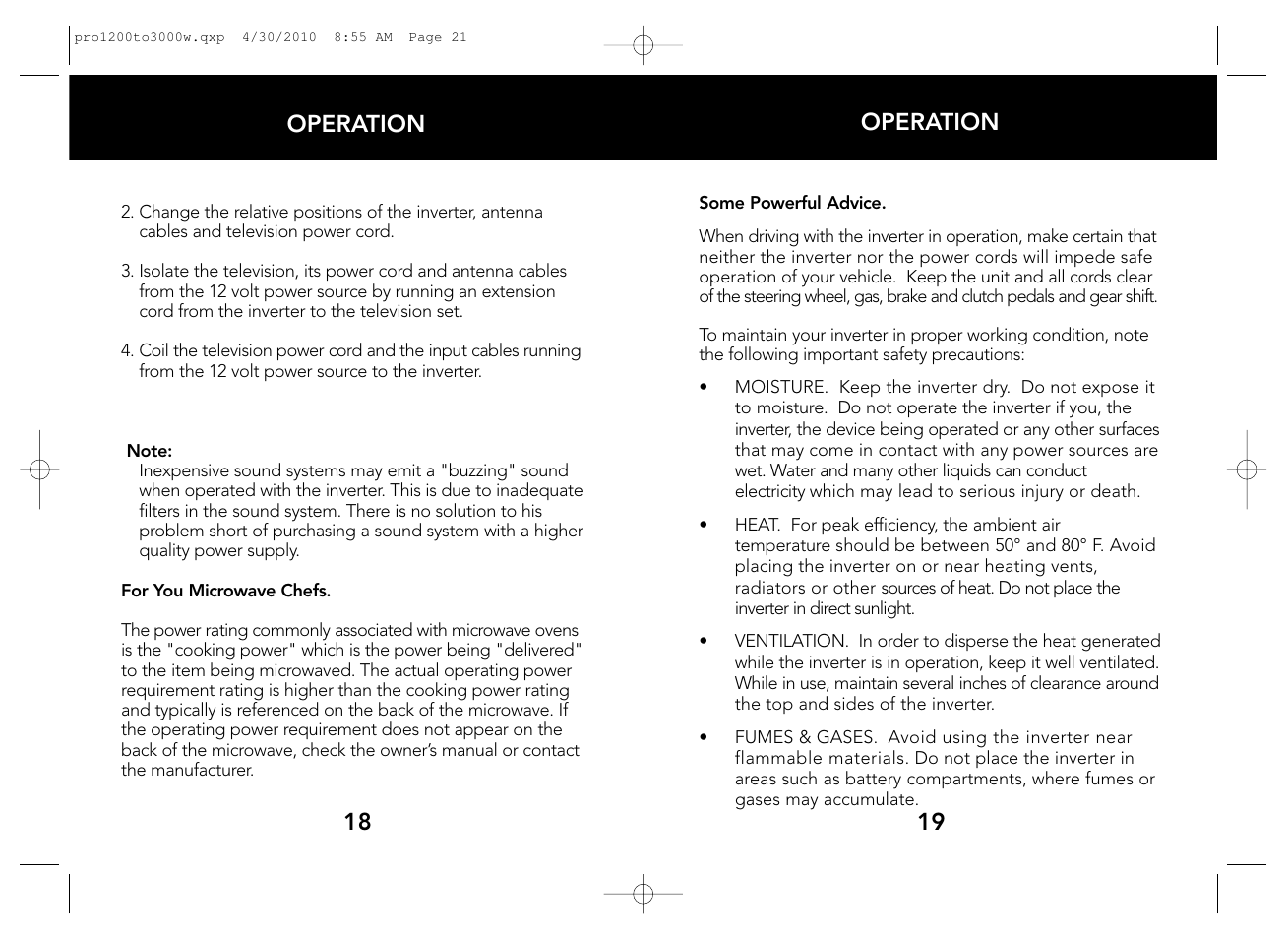 19 18 operation operation | Whistler POWER INVERTERS PRO-1200W User Manual | Page 11 / 17