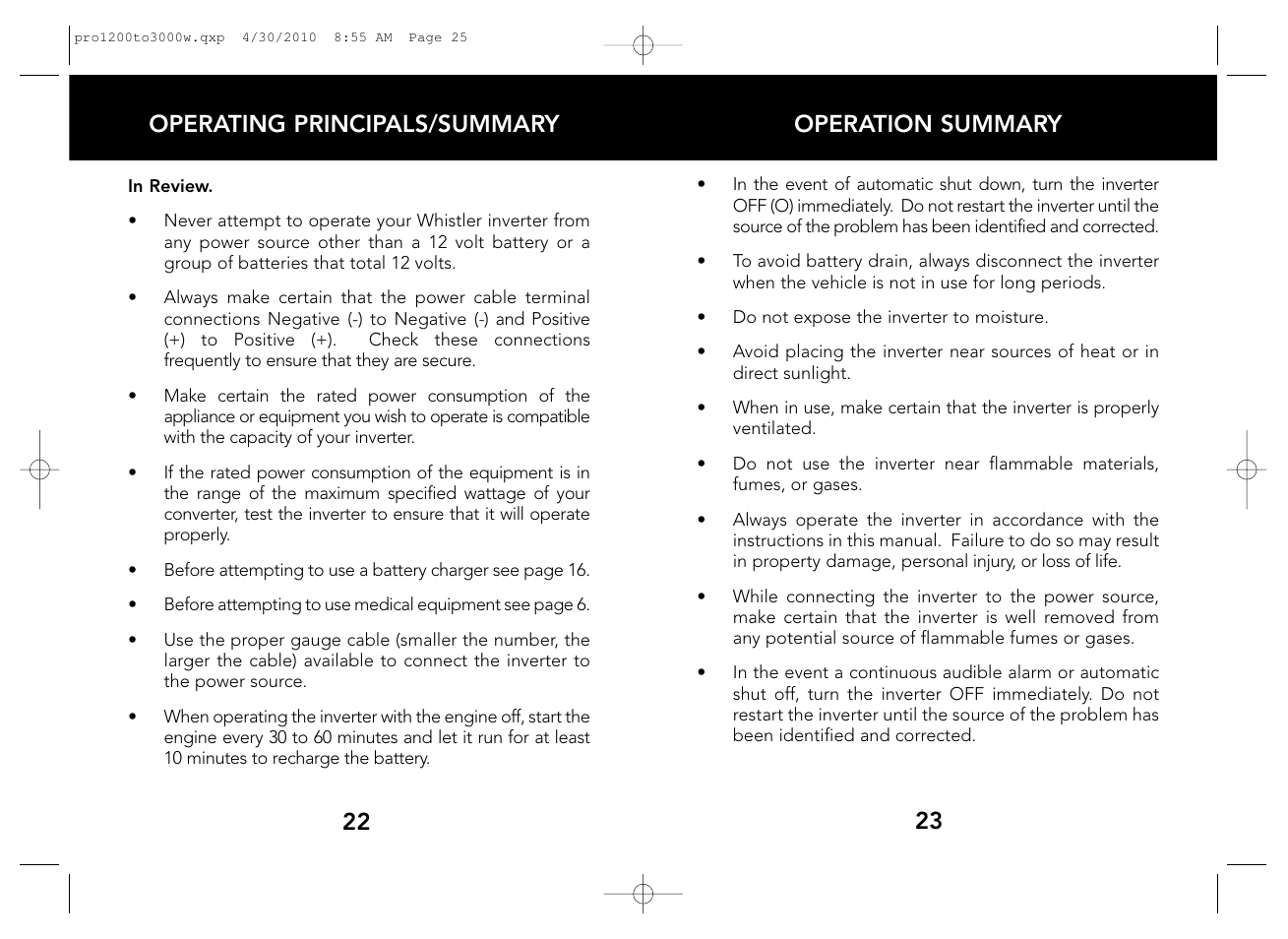 Operation summary, 23 operating principals/summary | Whistler POWER INVERTERS PRO-1200W User Manual | Page 13 / 17