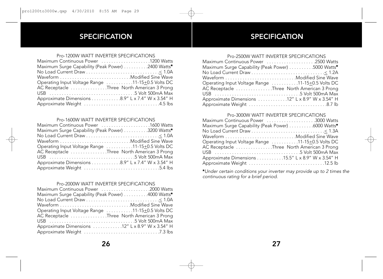 Specification, 27 26 specification | Whistler POWER INVERTERS PRO-1200W User Manual | Page 15 / 17