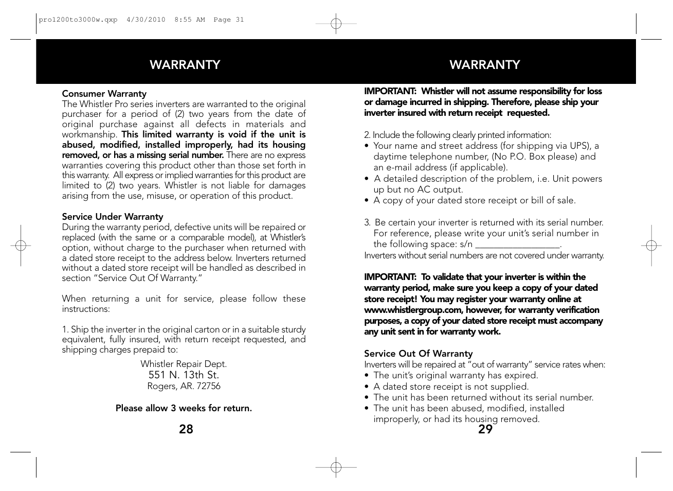 Whistler POWER INVERTERS PRO-1200W User Manual | Page 16 / 17