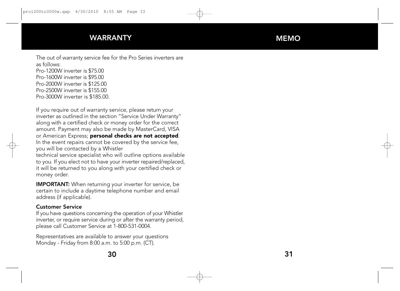 Whistler POWER INVERTERS PRO-1200W User Manual | Page 17 / 17