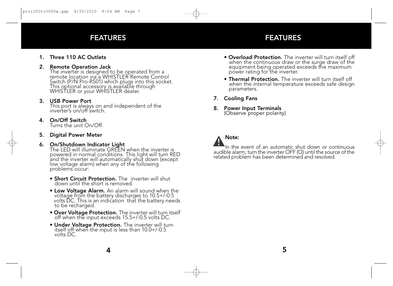 Features, 5features 4 | Whistler POWER INVERTERS PRO-1200W User Manual | Page 4 / 17