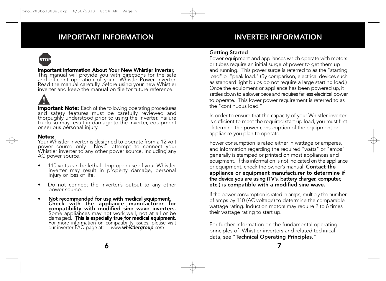 Important information | Whistler POWER INVERTERS PRO-1200W User Manual | Page 5 / 17