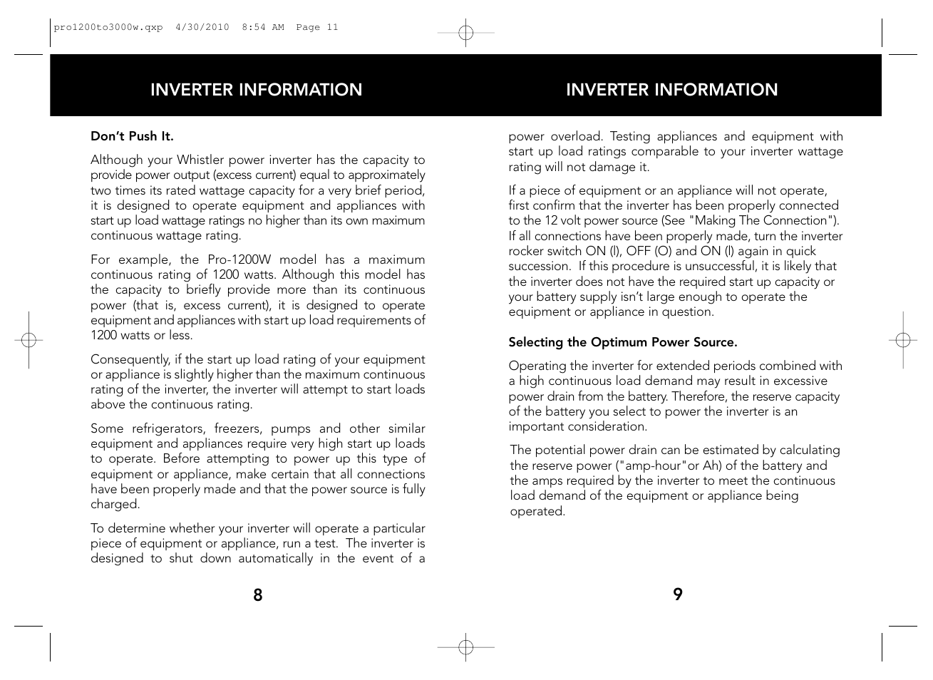 Whistler POWER INVERTERS PRO-1200W User Manual | Page 6 / 17