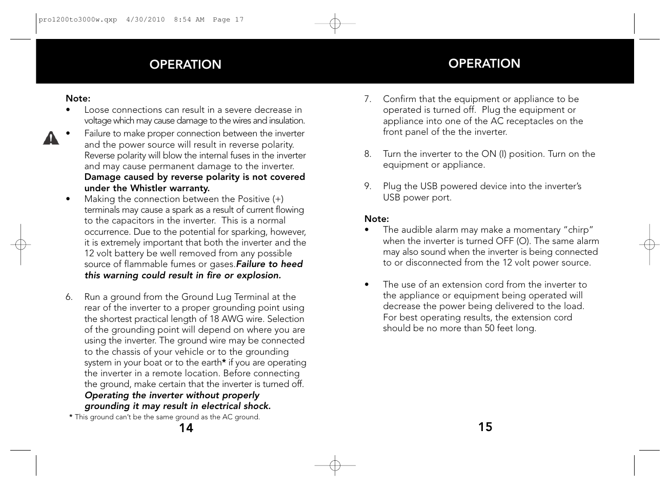 15 14 operation operation | Whistler POWER INVERTERS PRO-1200W User Manual | Page 9 / 17