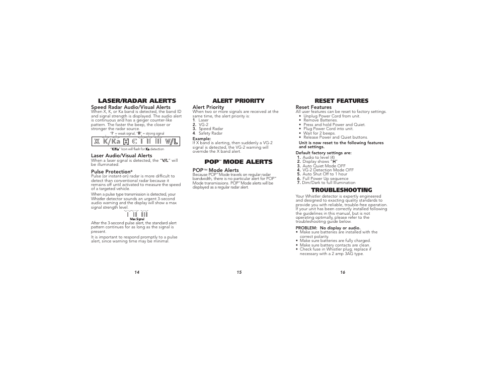 Laser/radar alerts, Mode alerts, Alert priority | Troubleshooting, Reset features | Whistler XTR-195 User Manual | Page 6 / 9