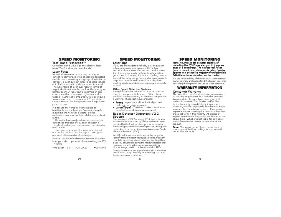 Speed monitoring, Warranty information | Whistler XTR-195 User Manual | Page 8 / 9