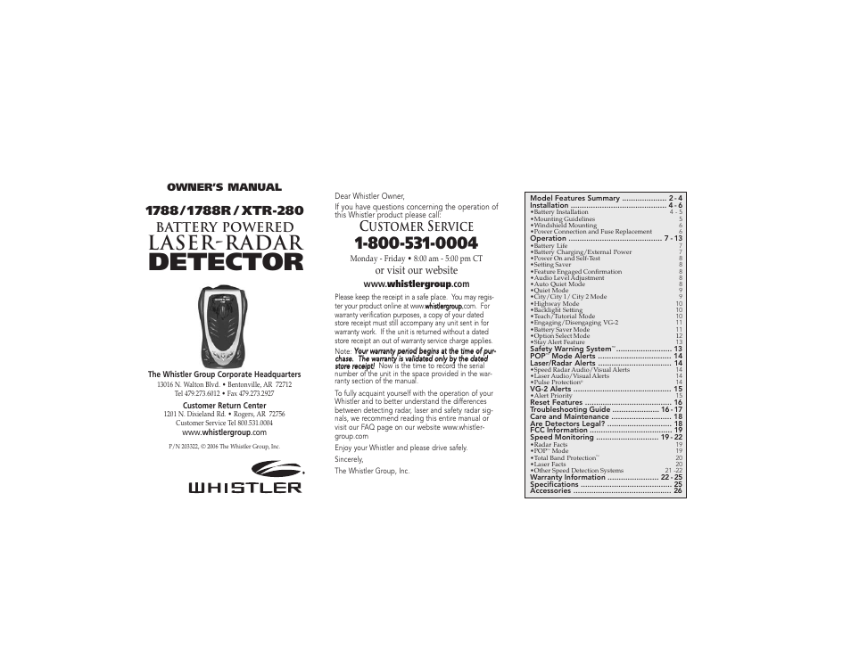 Whistler XTR-280 User Manual | 10 pages