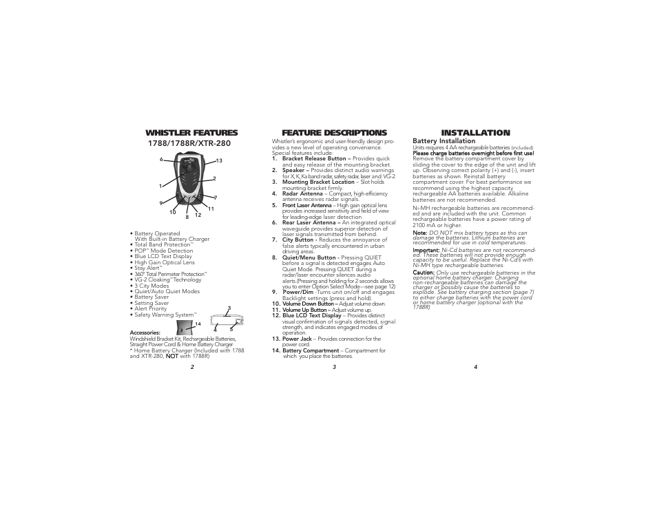 Whistler features feature descriptions, Installation | Whistler XTR-280 User Manual | Page 2 / 10