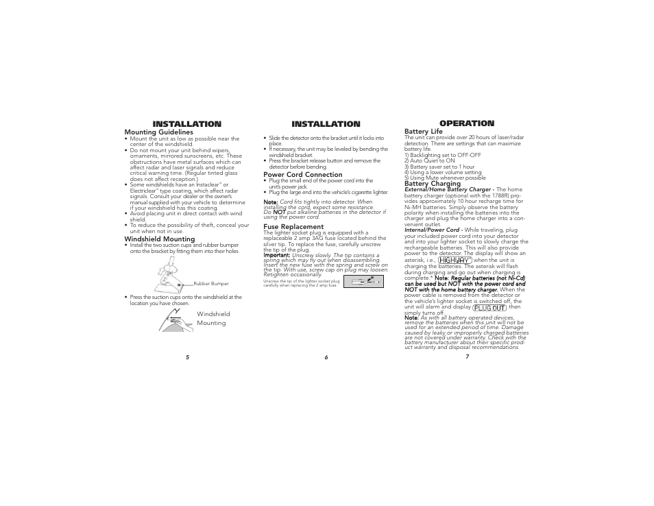 Installation, Operation | Whistler XTR-280 User Manual | Page 3 / 10