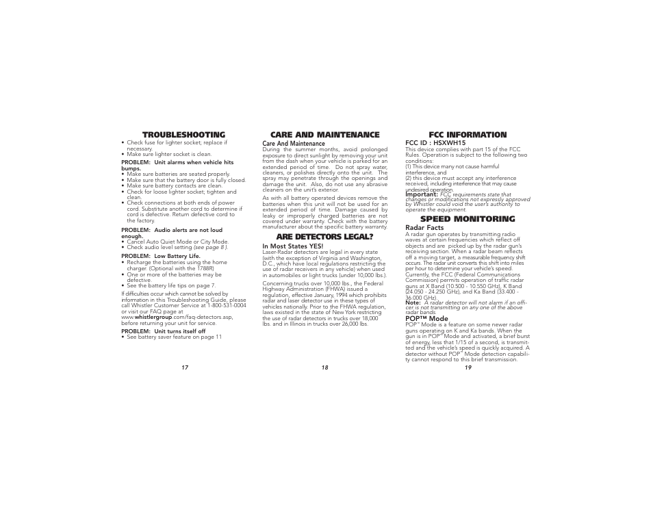 Troubleshooting, Are detectors legal, Care and maintenance | Speed monitoring, Fcc information | Whistler XTR-280 User Manual | Page 7 / 10