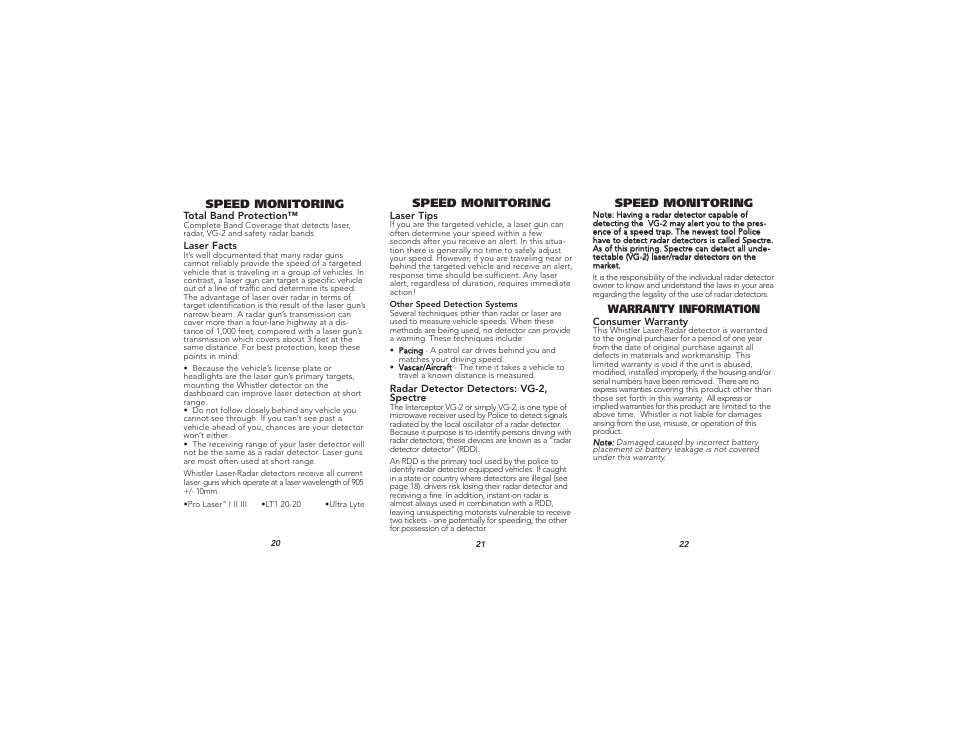 Speed monitoring, Warranty information | Whistler XTR-280 User Manual | Page 8 / 10