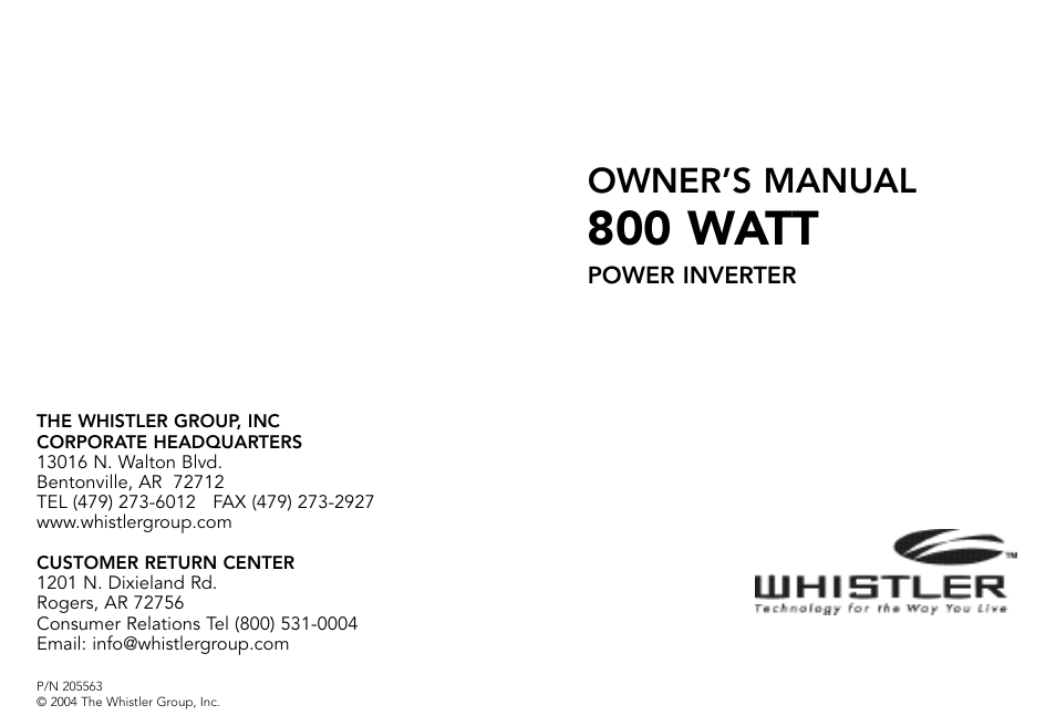 Whistler 800 WATT POWER INVERTER User Manual | 15 pages