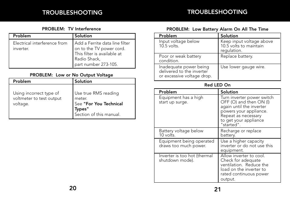 21 20 troubleshooting troubleshooting | Whistler 800 WATT POWER INVERTER User Manual | Page 12 / 15