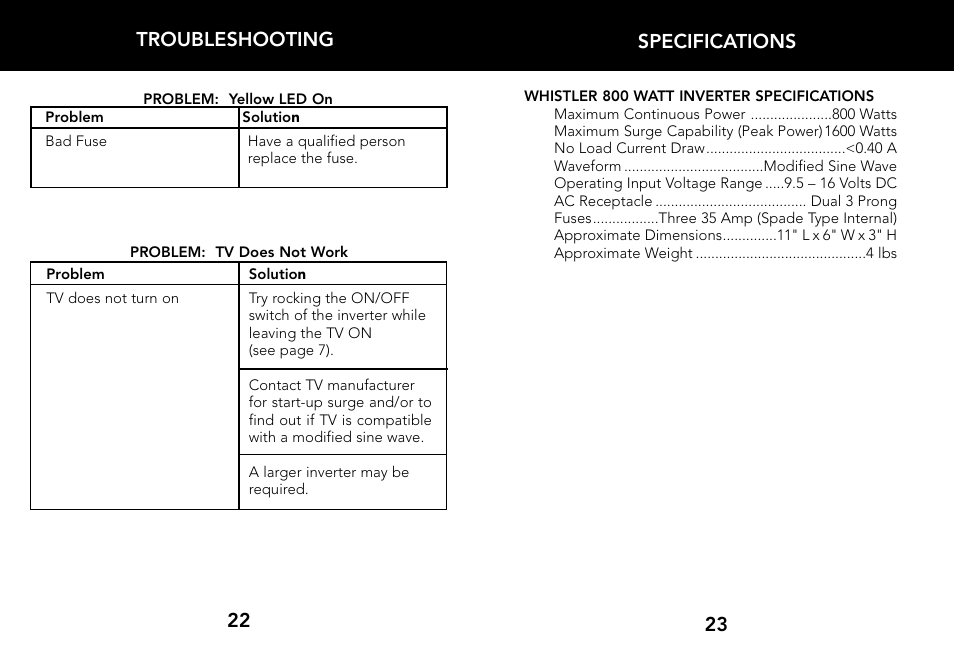 Specifications 23 22 troubleshooting | Whistler 800 WATT POWER INVERTER User Manual | Page 13 / 15