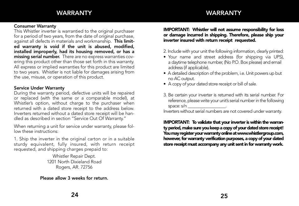 Warranty, 25 warranty | Whistler 800 WATT POWER INVERTER User Manual | Page 14 / 15