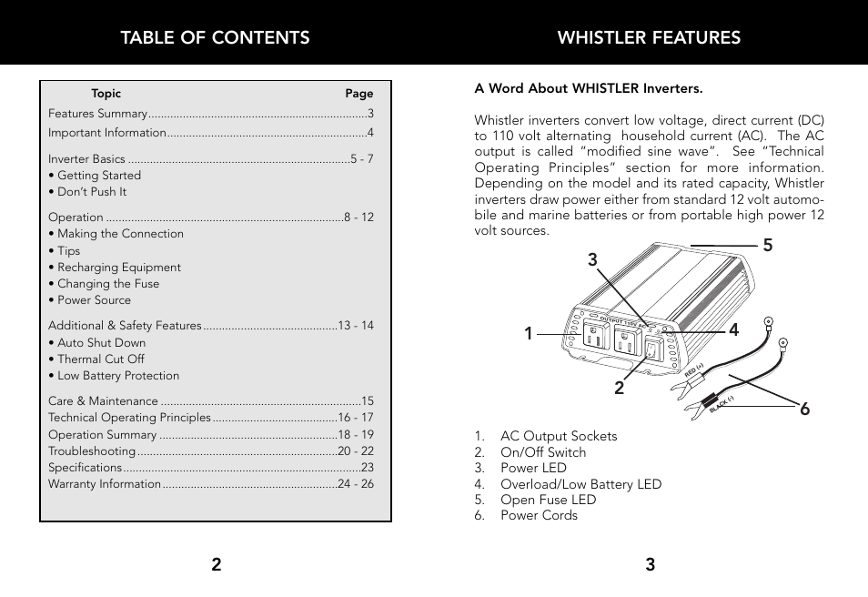 Whistler features 3, Table of contents 2 | Whistler 800 WATT POWER INVERTER User Manual | Page 3 / 15