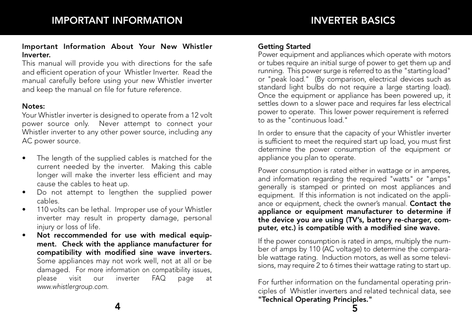 Inverter basics, 5important information | Whistler 800 WATT POWER INVERTER User Manual | Page 4 / 15