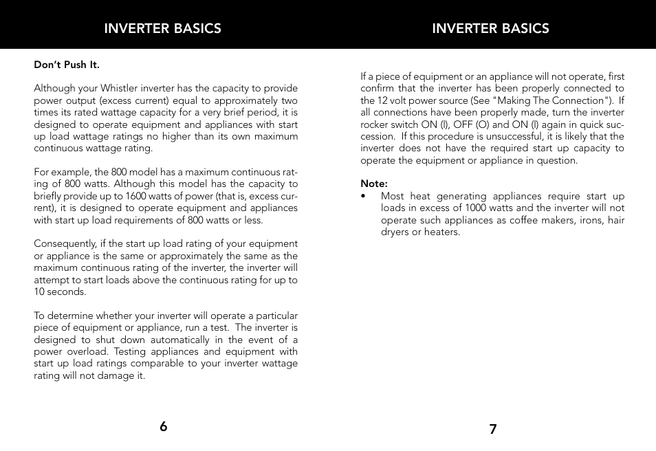 Inverter basics, 7inverter basics 6 | Whistler 800 WATT POWER INVERTER User Manual | Page 5 / 15
