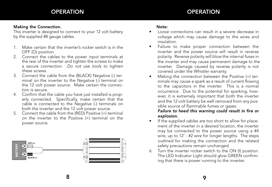 Operation, 9operation 8 | Whistler 800 WATT POWER INVERTER User Manual | Page 6 / 15