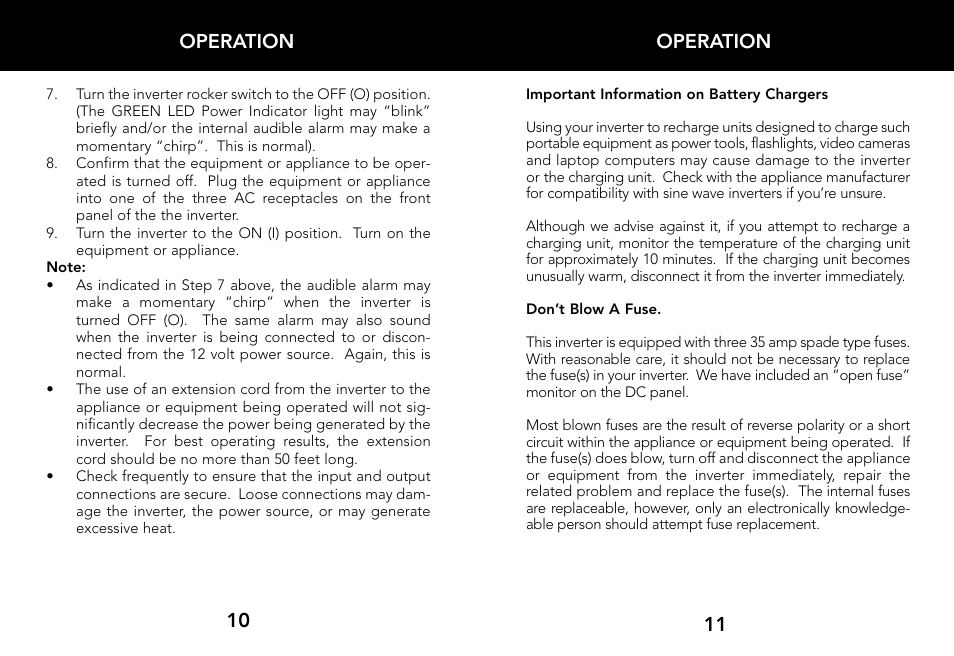Operation, 11 operation 10 | Whistler 800 WATT POWER INVERTER User Manual | Page 7 / 15
