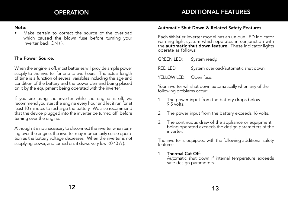 13 additional features, Operation 12 | Whistler 800 WATT POWER INVERTER User Manual | Page 8 / 15