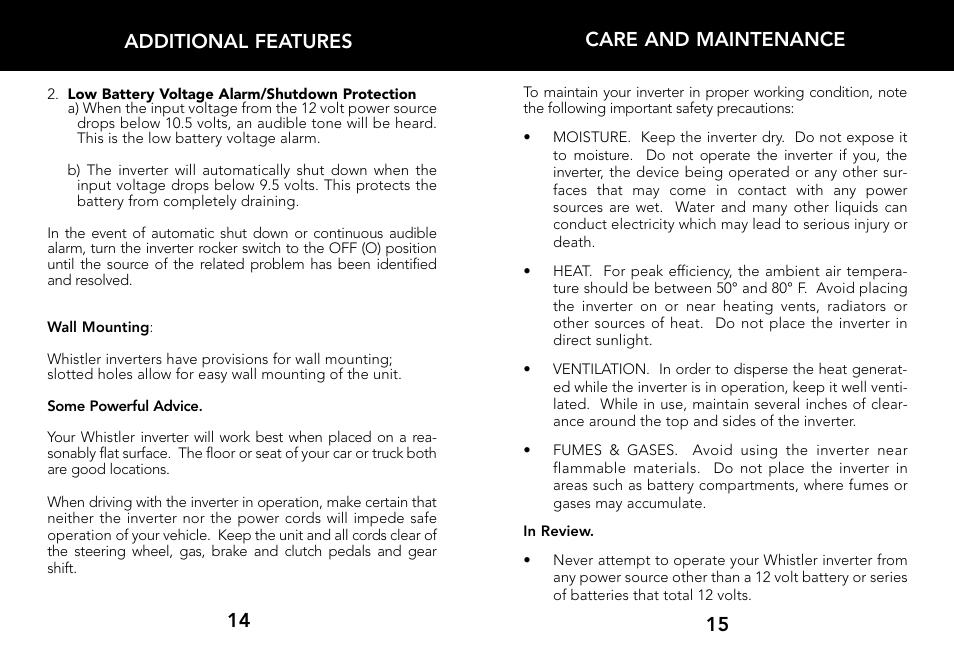 14 additional features care and maintenance | Whistler 800 WATT POWER INVERTER User Manual | Page 9 / 15