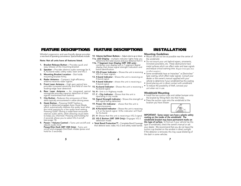 Feature descriptions feature descriptions, Installation | Whistler SRT-30R User Manual | Page 3 / 9