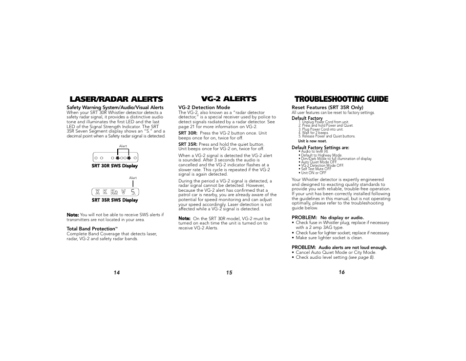 Troubleshooting guide, Laser/radar alerts, Vg-2 alerts | Whistler SRT-30R User Manual | Page 6 / 9