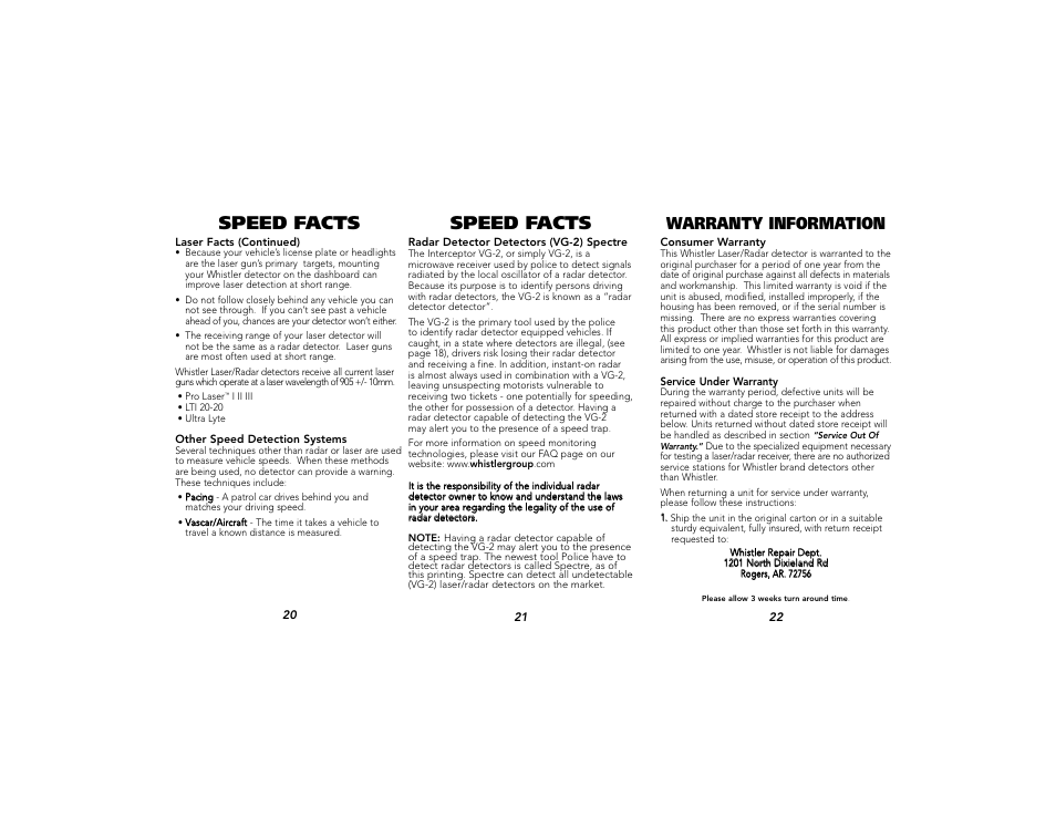 Speed facts, Warranty information | Whistler SRT-30R User Manual | Page 8 / 9