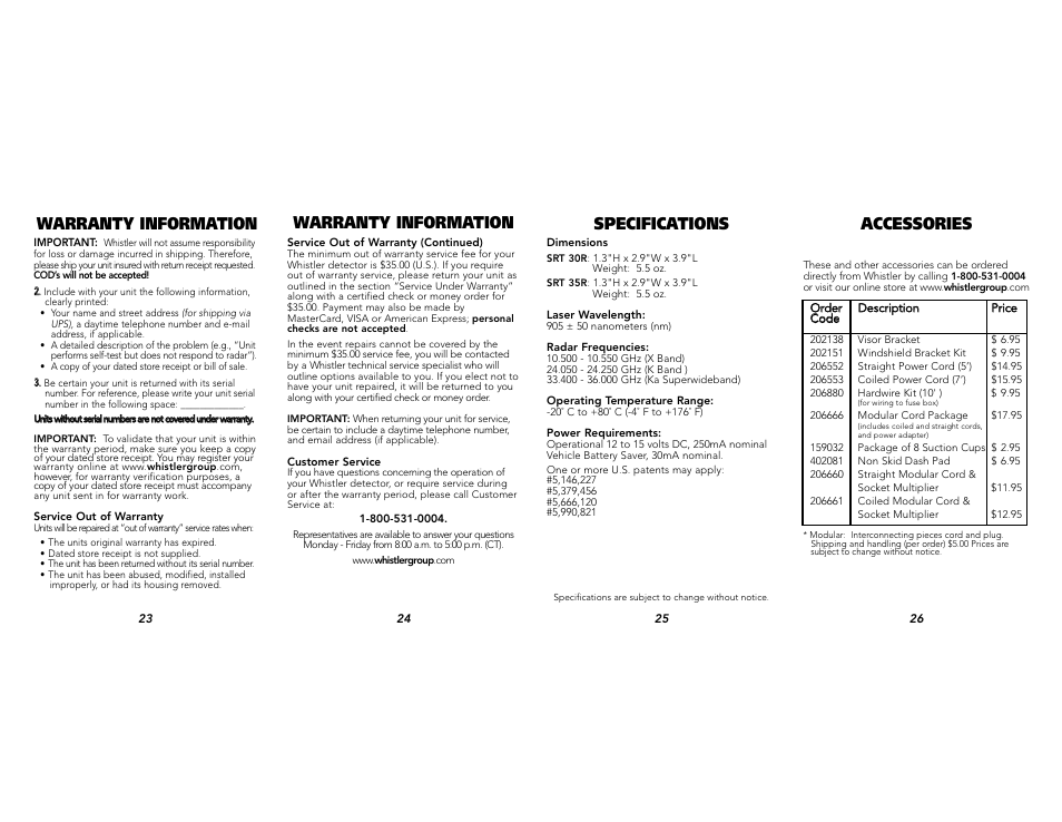 Warranty information, Warranty information specifications accessories | Whistler SRT-30R User Manual | Page 9 / 9