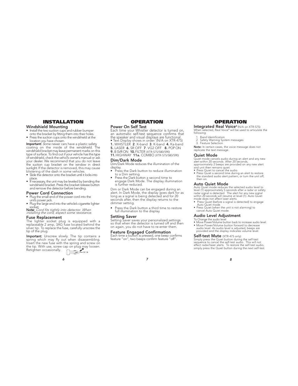 Installation operation, Operation | Whistler XTR-590 User Manual | Page 3 / 9