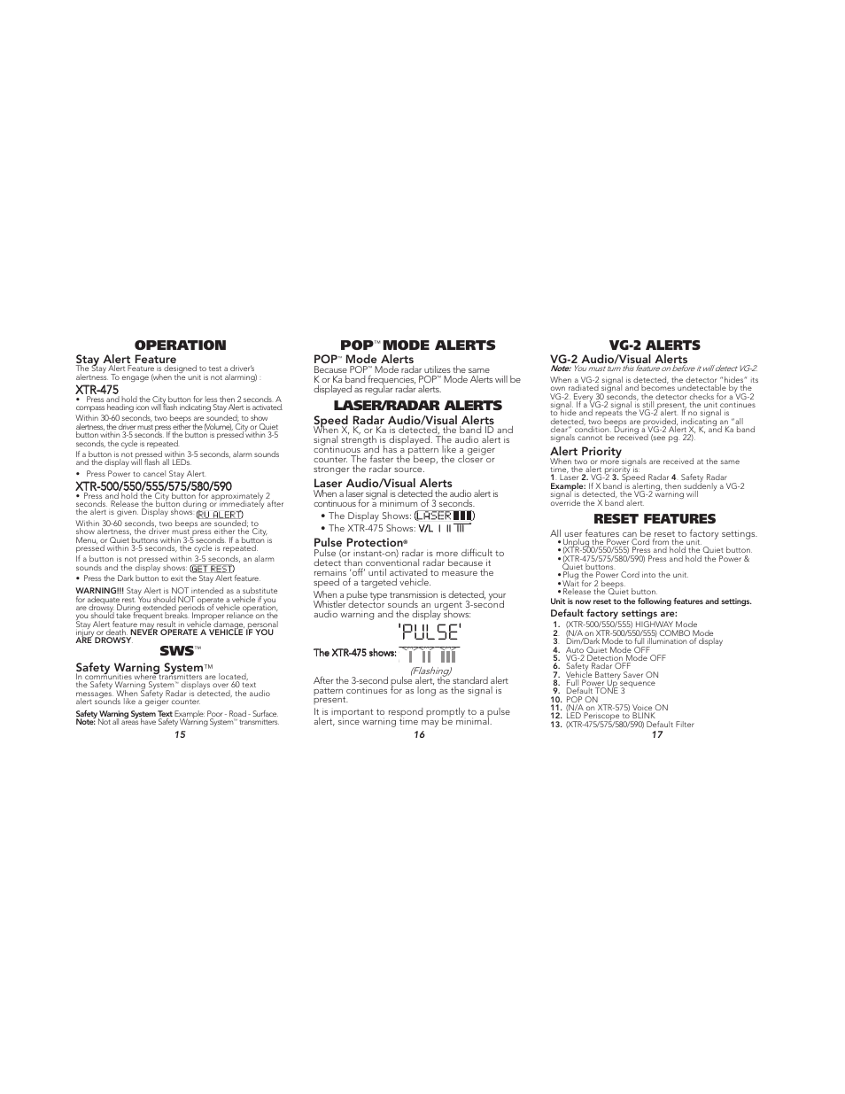 Operation, Laser/radar alerts, Mode alerts | Reset features, Vg-2 alerts | Whistler XTR-590 User Manual | Page 6 / 9