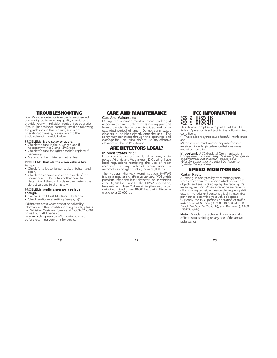 Troubleshooting, Are detectors legal, Care and maintenance | Speed monitoring, Fcc information | Whistler XTR-590 User Manual | Page 7 / 9