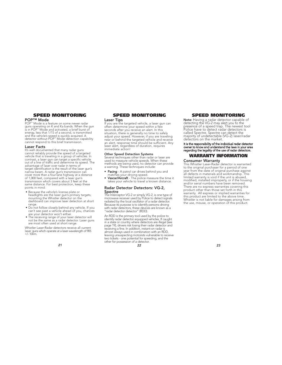 Speed monitoring, Warranty information | Whistler XTR-590 User Manual | Page 8 / 9