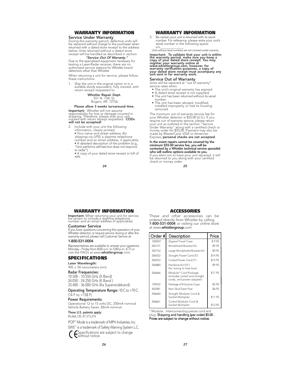 Warranty information, Speci fic ations, Accessories | Whistler XTR-590 User Manual | Page 9 / 9