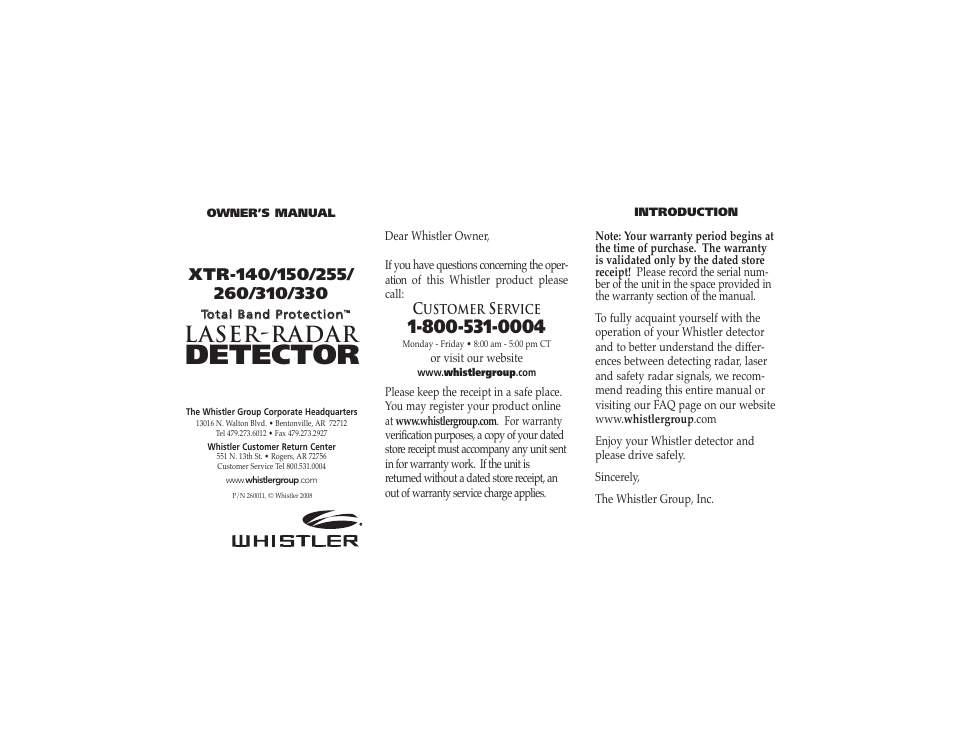 Whistler XTR-255 User Manual | 9 pages