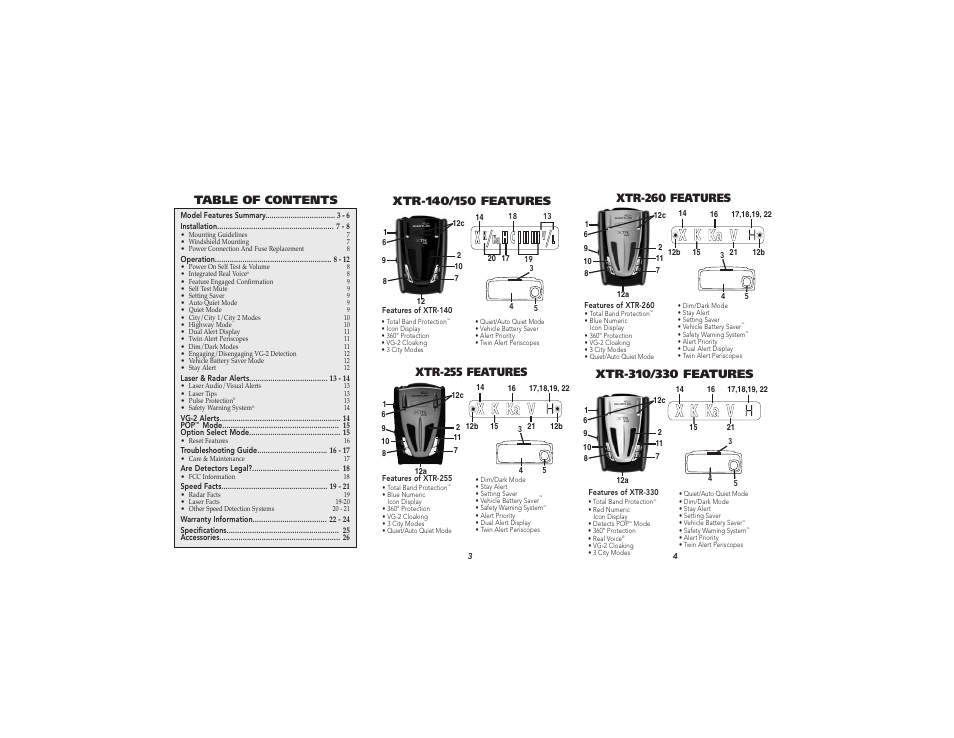 Xtr-255 features, Xtr-260 features | Whistler XTR-255 User Manual | Page 2 / 9